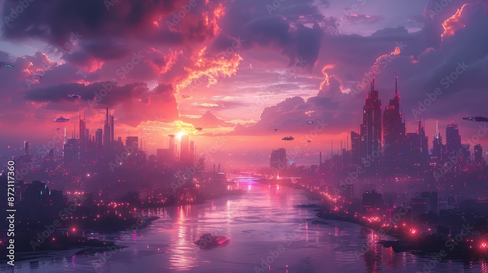 Futuristic Cityscape at Sunset - Generative AI Futuristic Cityscape at Sunset - Generative AI