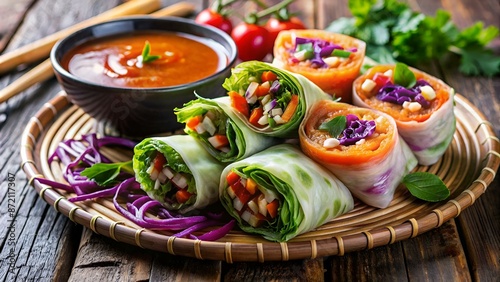 Vegetarian vietnamese spring rolls with spicy sauce, carrot, cucumber, red cabbage and rice noodle. Vegan food. Tasty meal.  Copy space photo