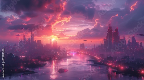 Wallpaper Mural Futuristic Cityscape at Sunset - Generative AI Torontodigital.ca