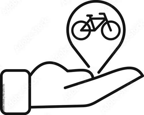 Open hand holding a location pin with a bicycle inside, concept of bike sharing service
