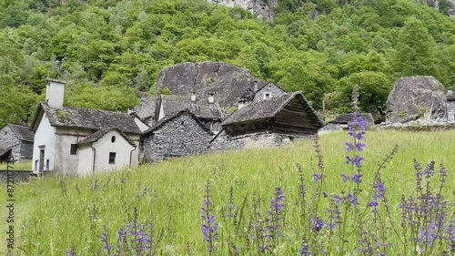 Panoramic view of traditional stone village Sabbione in Val Bavona, Vallemaggia, Switzerland. High quality 4k footage