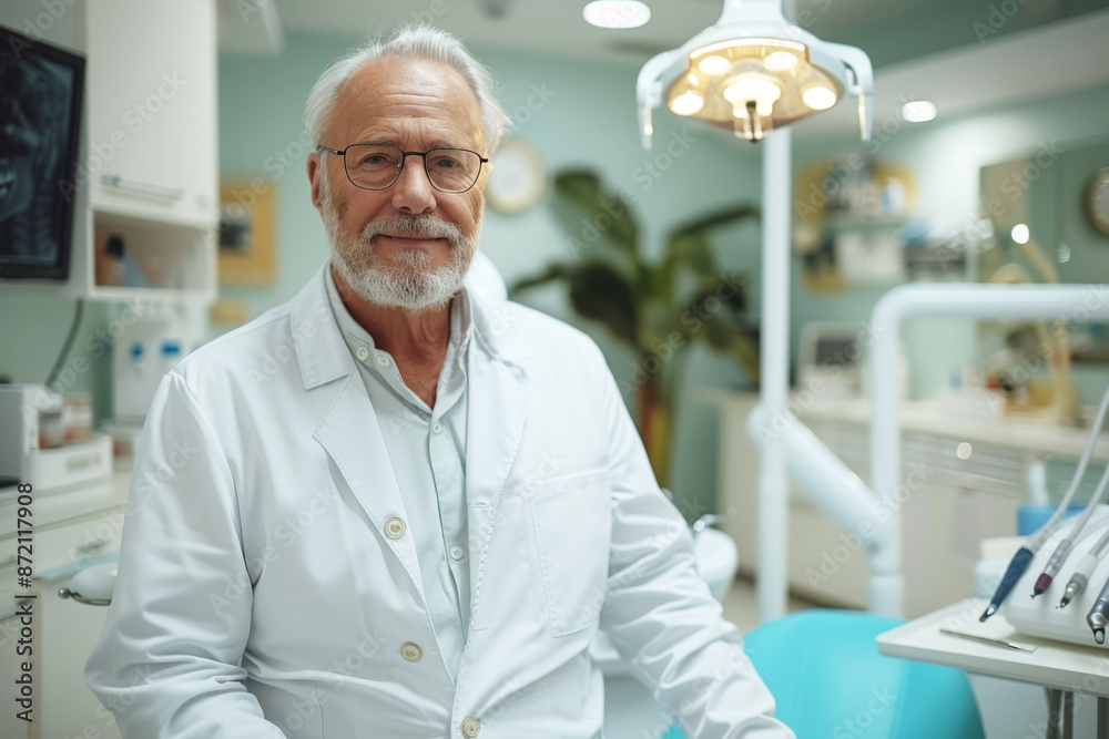 Portrait of male dentist wearing a white coat posing in modern dental office Portrait of male dentist wearing a white coat posing in modern dental office