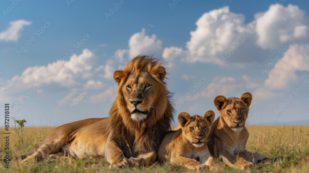Under the expansive sky of the African savanna, a lion and lioness lounge in the sun, keeping a watchful eye on their two cubs. The cubs' playful antics bring a sense of joy and movement to the Under the expansive sky of the African savanna, a lion and lioness lounge in the sun, keeping a watchful eye on their two cubs. The cubs' playful antics bring a sense of joy and movement to the