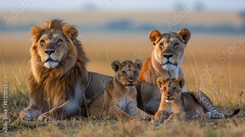 Under the expansive sky of the African savanna, a lion and lioness lounge in the sun, keeping a watchful eye on their two cubs. The cubs' playful antics bring a sense of joy and movement to the photo