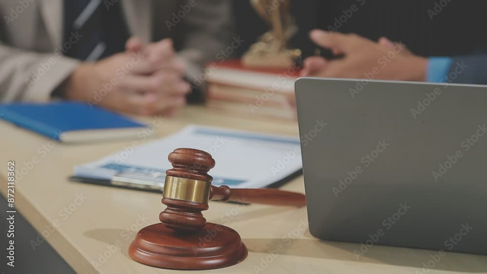 Judge gavel with Justice lawyers having team meeting at law firm background. Concepts of Law and Legal services. Judge gavel with Justice lawyers having team meeting at law firm background. Concepts of Law and Legal services.