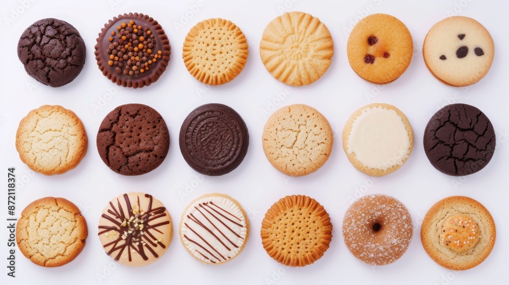 Collection of round cookies on white background