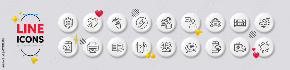 Renewable power, Life insurance and Dirty spot line icons. White buttons 3d icons. Pack of Video conference, Print image, Taxi icon. Ask question, Volunteer, Baggage pictogram. Vector