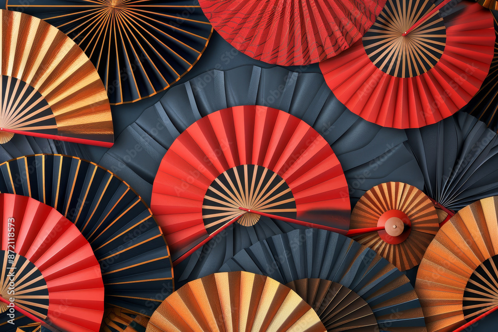 A collection of red and black fans are arranged in a pattern A collection of red and black fans are arranged in a pattern
