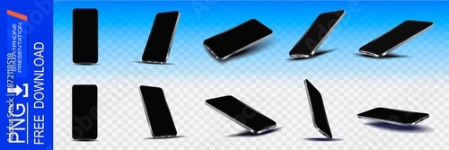 Stylish set realistic model modern smartphone. Presentation thin smartphone from different angles. Device mockup with black blank screen on transparent background. Smartphone mockup
