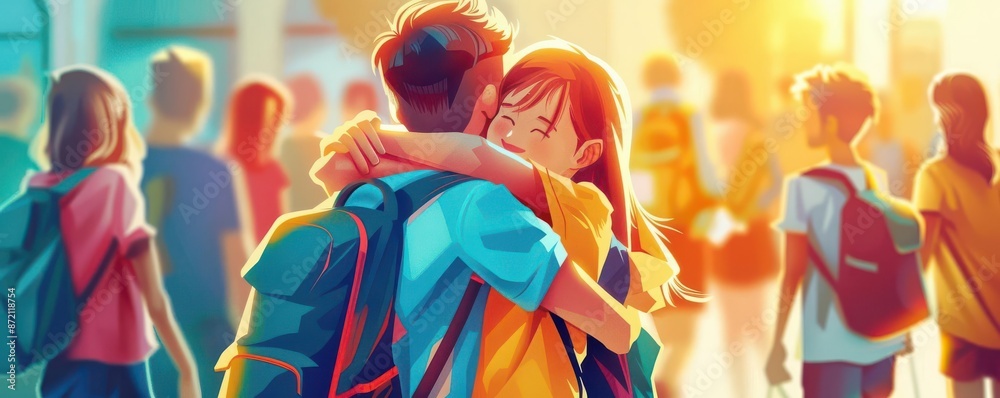 Children hugging parents at school drop-off, vibrant colors, emotional scene, warm sunlight, pop art, illustration Children hugging parents at school drop-off, vibrant colors, emotional scene, warm sunlight, pop art, illustration