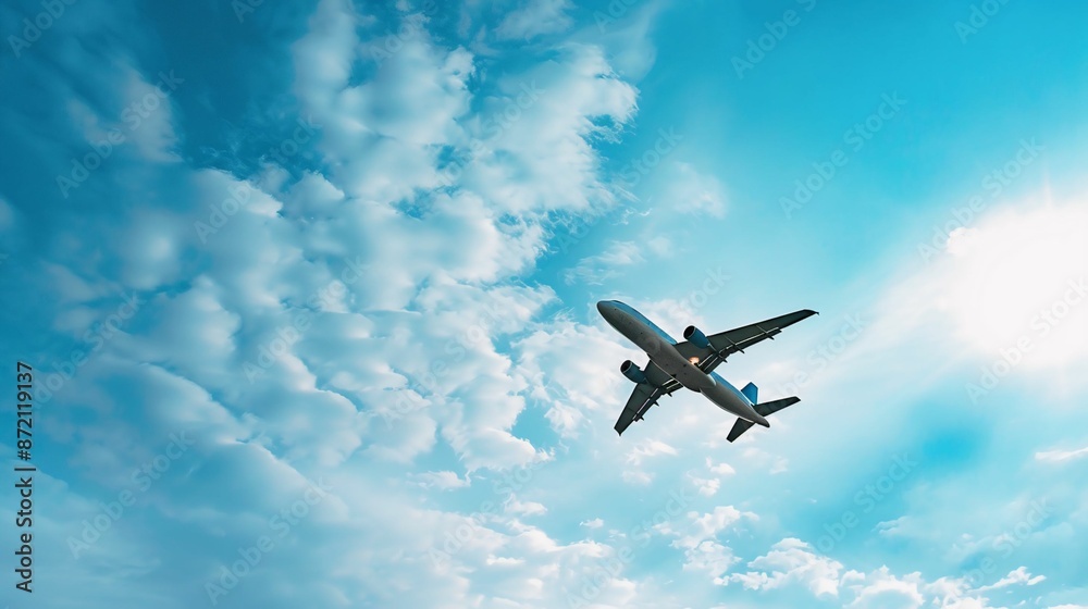 Fototapeta premium Airplane Taking Off Into a Cloudy Blue Sky