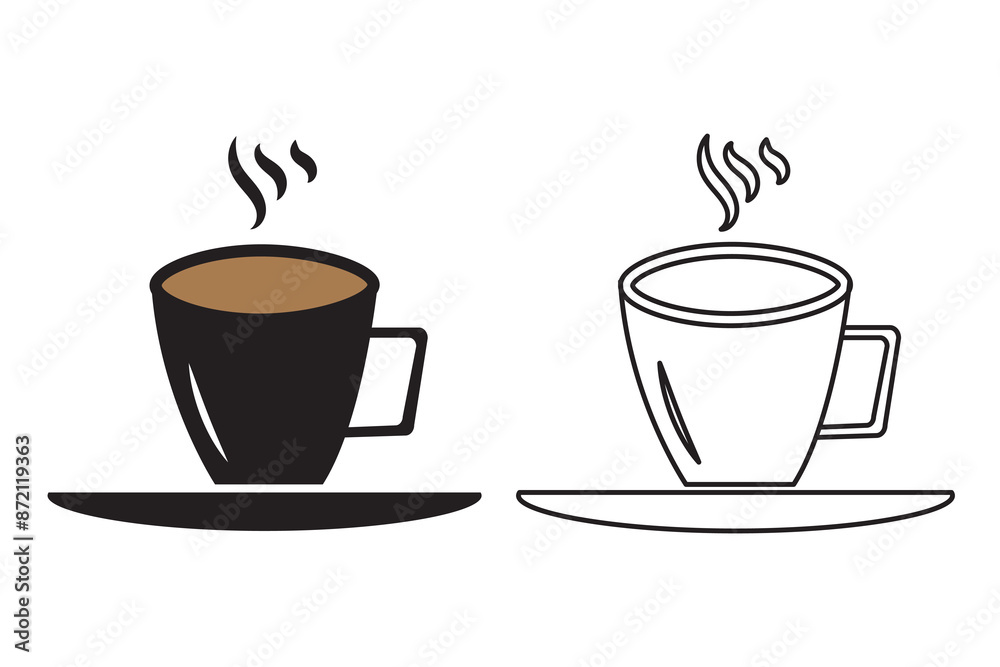 Hot coffee Mug icon set. hot tea vector symbol. cafe espresso morning drink sign in black filled and outlined style Hot coffee Mug icon set. hot tea vector symbol. cafe espresso morning drink sign in black filled and outlined style
