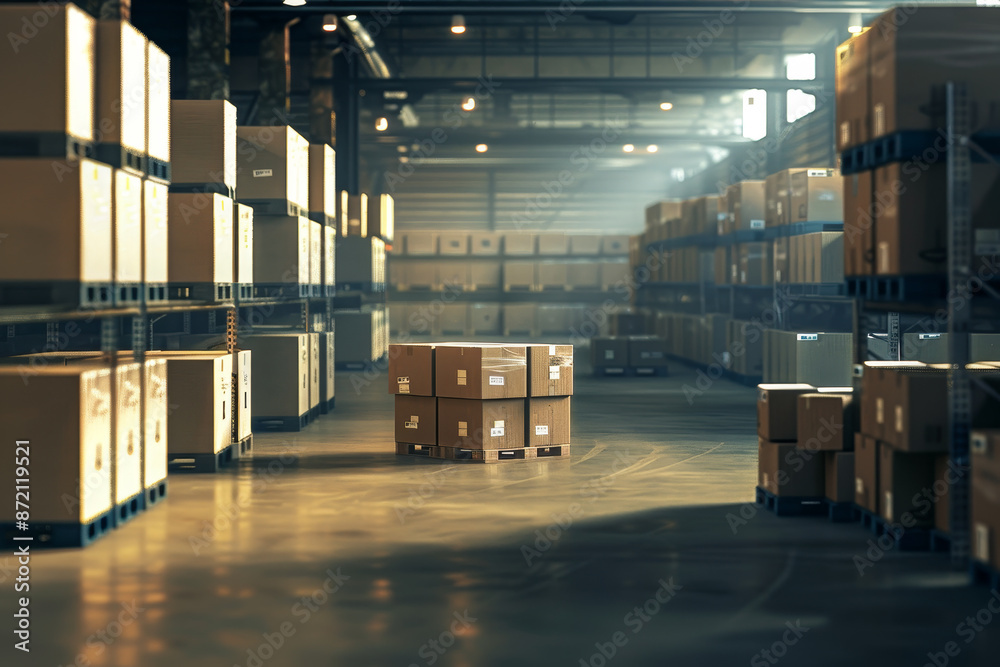 A warehouse with boxes stacked on pallets A warehouse with boxes stacked on pallets