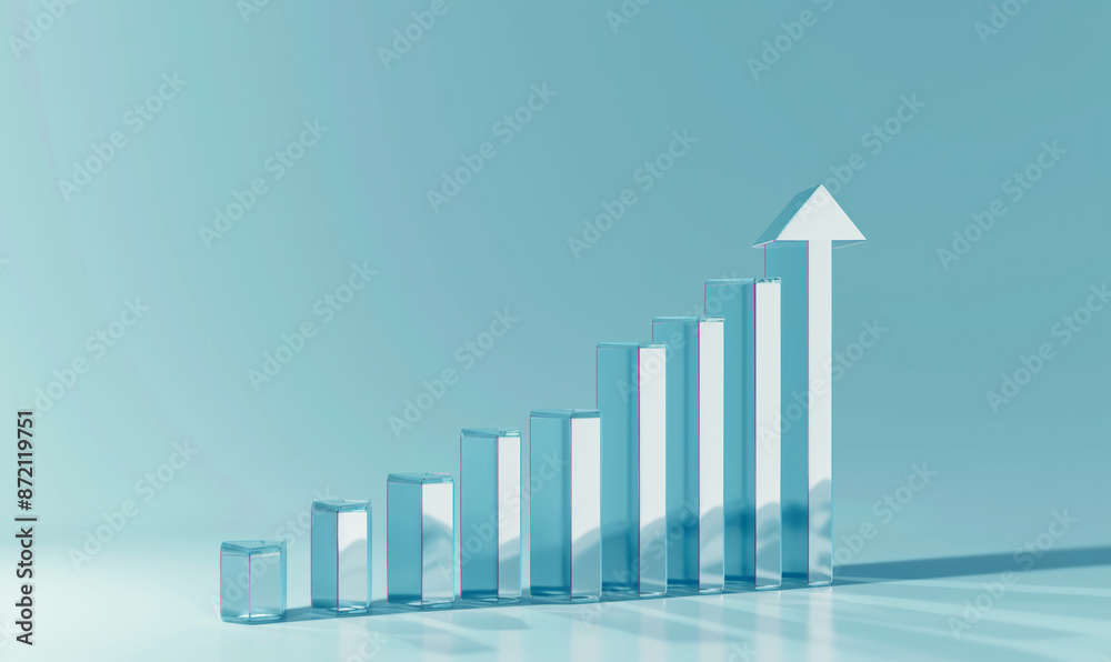 Transparent glass financial bar graph rising upwards on a light blue background symbolizing economic growth Transparent glass financial bar graph rising upwards on a light blue background symbolizing economic growth