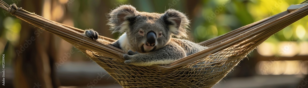 Naklejka premium A content koala lounges in a hammock, enjoying a moment of relaxation, encapsulating a vibe of leisure and comfort