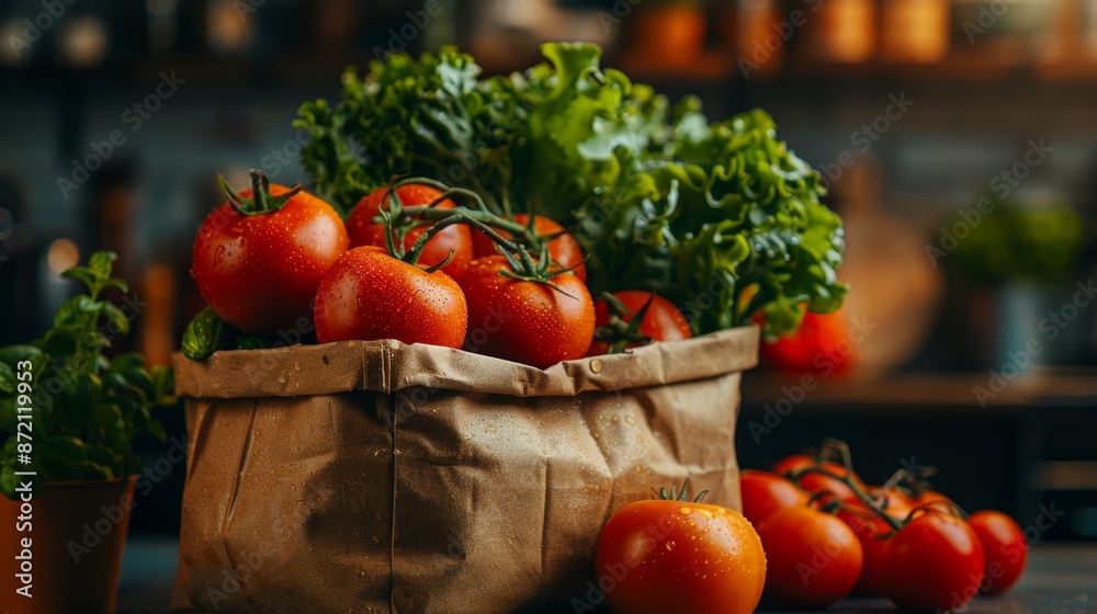 Fresh Tomatoes and Lettuce in a Paper Bag - Generative AI Fresh Tomatoes and Lettuce in a Paper Bag - Generative AI