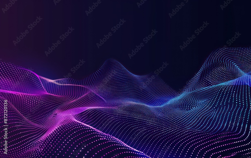 Abstract digital landscape with pink and blue particles forming waves on a dark background, representing data flow and technology. Abstract digital landscape with pink and blue particles forming waves on a dark background, representing data flow and technology.