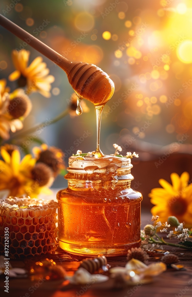 A jar of honey, its golden color and delicate texture surrounded by fresh flowers A jar of honey, its golden color and delicate texture surrounded by fresh flowers