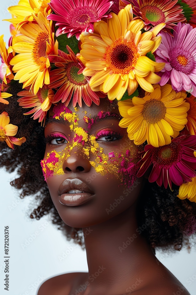 An artistic portrait of a woman with a vibrant floral hairstyle, showcasing creativity, beauty, and culture An artistic portrait of a woman with a vibrant floral hairstyle, showcasing creativity, beauty, and culture