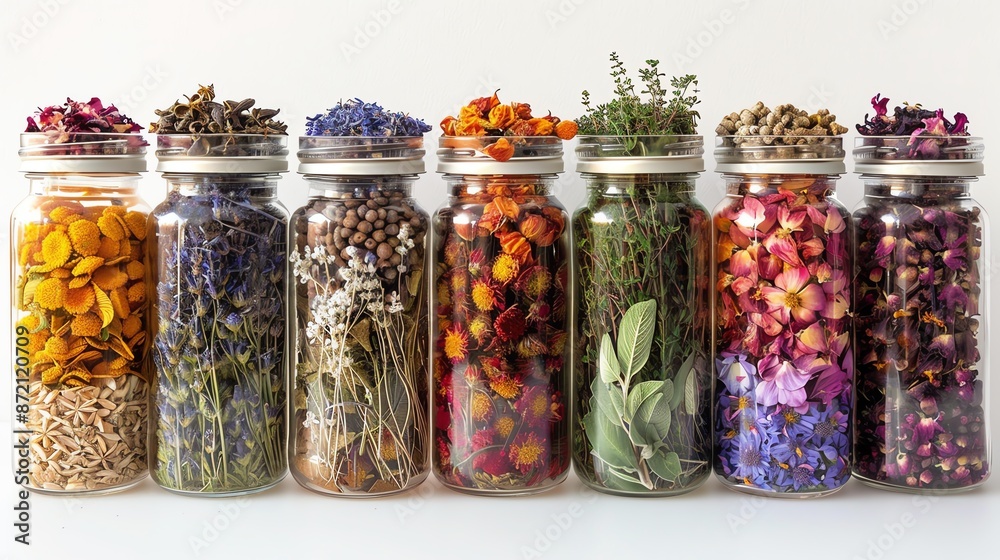 Jars of dried herbs and flowers neatly arranged on a white background Jars of dried herbs and flowers neatly arranged on a white background