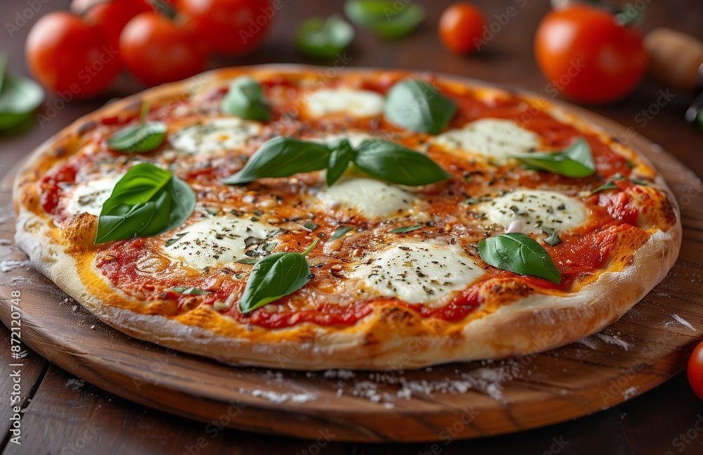 Tasty pizza with fresh mozzarella, rich tomato sauce, and fragrant basil on a rustic wooden table Tasty pizza with fresh mozzarella, rich tomato sauce, and fragrant basil on a rustic wooden table