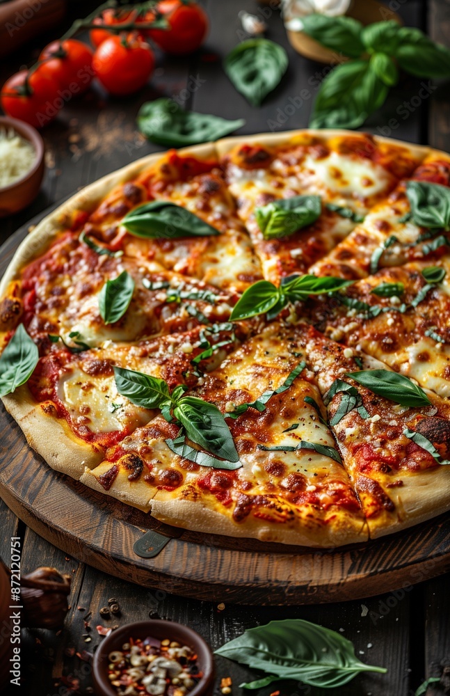Tasty pizza with fresh mozzarella, rich tomato sauce, and fragrant basil on a rustic wooden table Tasty pizza with fresh mozzarella, rich tomato sauce, and fragrant basil on a rustic wooden table