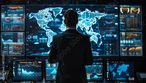 Man in suit analyzing data on multiple screens with a world map, hightech control room