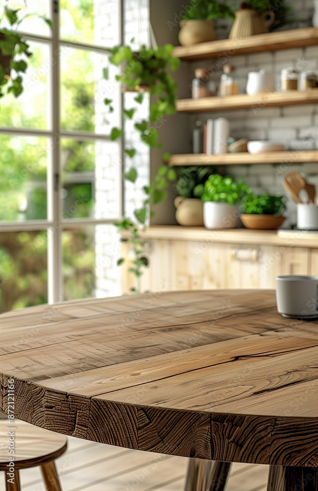Empty round wooden tabletop in a bright, clean kitchen interior, ready for meal preparation Empty round wooden tabletop in a bright, clean kitchen interior, ready for meal preparation