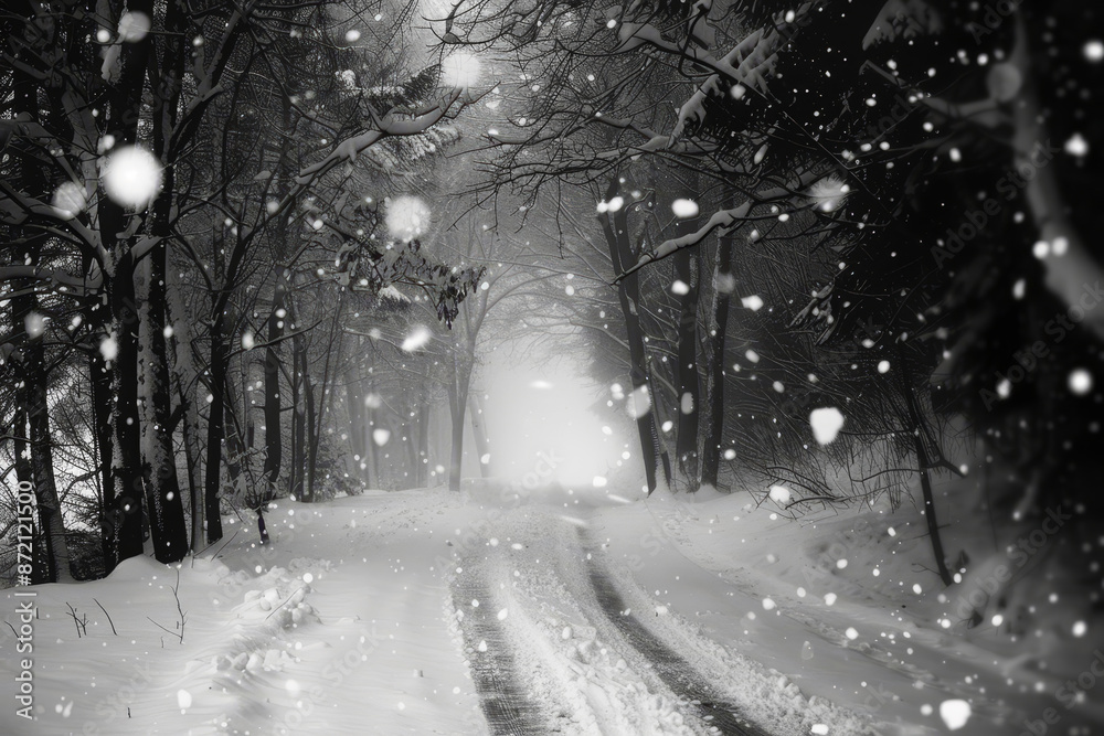 A snowy road with trees in the background A snowy road with trees in the background