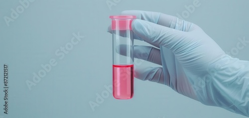 Gloved hand holding a test tube with pink liquid