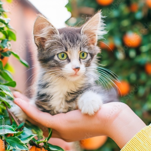 Cute kitten sitting on a girl hand , generateda by I. High quality photo photo