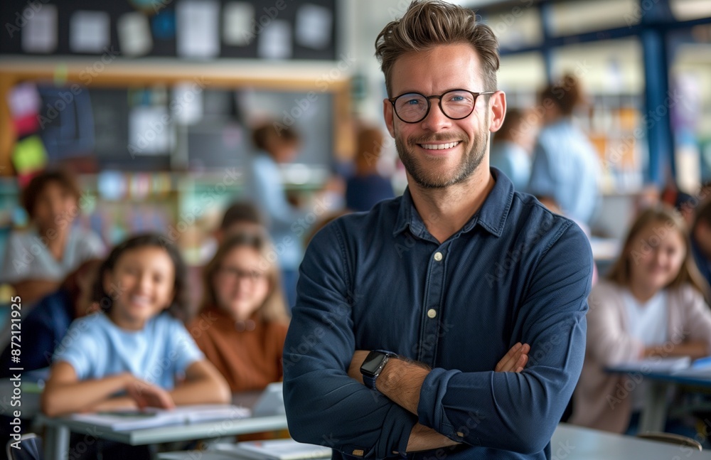 Friendly male teacher stands confidently, arms crossed, with engaged students working at desks in classroom Friendly male teacher stands confidently, arms crossed, with engaged students working at desks in classroom