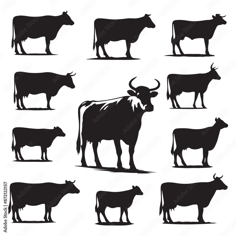 Set of cow silhouettes isolated on a white background, Vector illustration. Set of cow silhouettes isolated on a white background, Vector illustration.