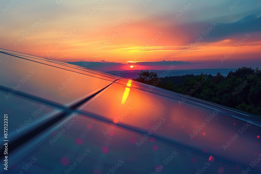 Obraz premium A sunset is reflected in the glass of a solar panel