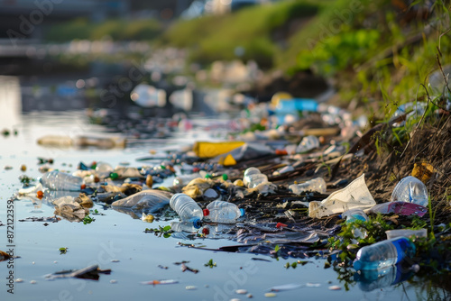 A river is filled with plastic bottles and trash photo