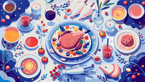Festive Holiday Dinner Table with Colorful Christmas Feast