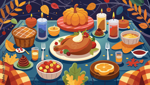 Autumn Feast Illustration: Thanksgiving Dinner Spread with Seasonal Delicacies