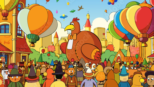 Vibrant Cartoon Festival Scene with Anthropomorphic Characters and Hot Air Balloons