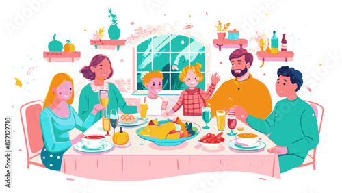Family Enjoying a Festive Dinner Together - Illustration