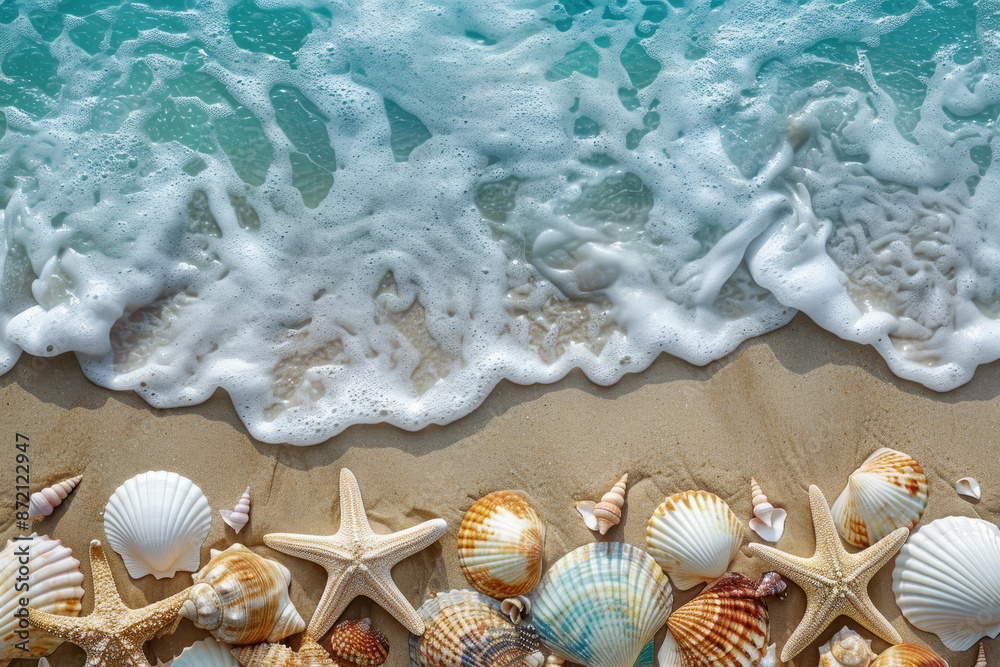 A beach scene with a large wave and a variety of seashells, including starfish A beach scene with a large wave and a variety of seashells, including starfish