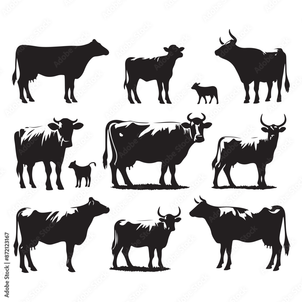 Set of cow silhouettes isolated on a white background, Vector illustration. Set of cow silhouettes isolated on a white background, Vector illustration.