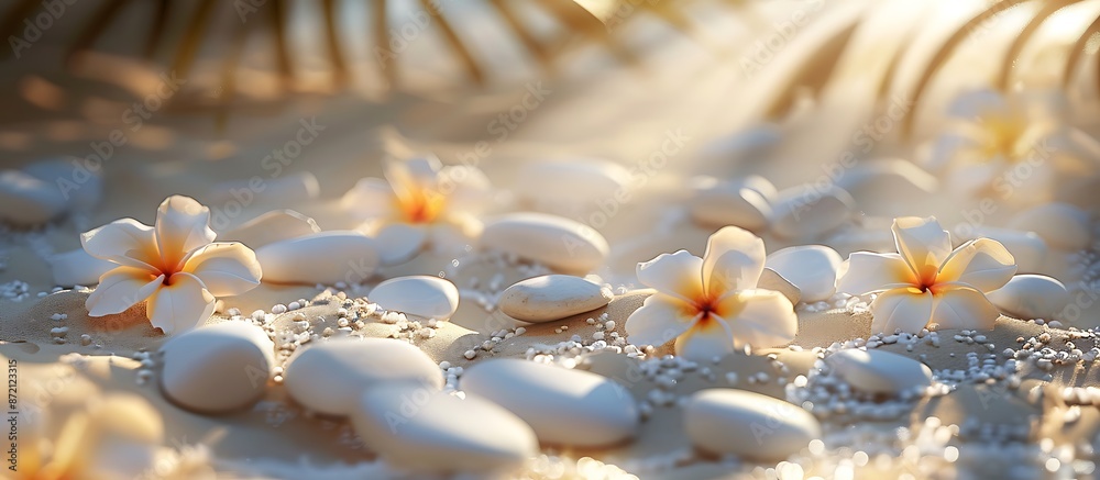 Soft sand with frangipani flowers and white stones, sunlight casting gentle shadows, perfect for a spa banner. Soft sand with frangipani flowers and white stones, sunlight casting gentle shadows, perfect for a spa banner.