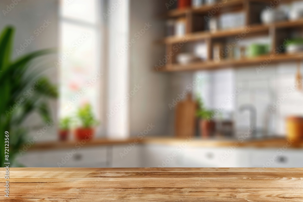 Empty wooden tabletop over blurred modern kitchen background for product display montage Empty wooden tabletop over blurred modern kitchen background for product display montage