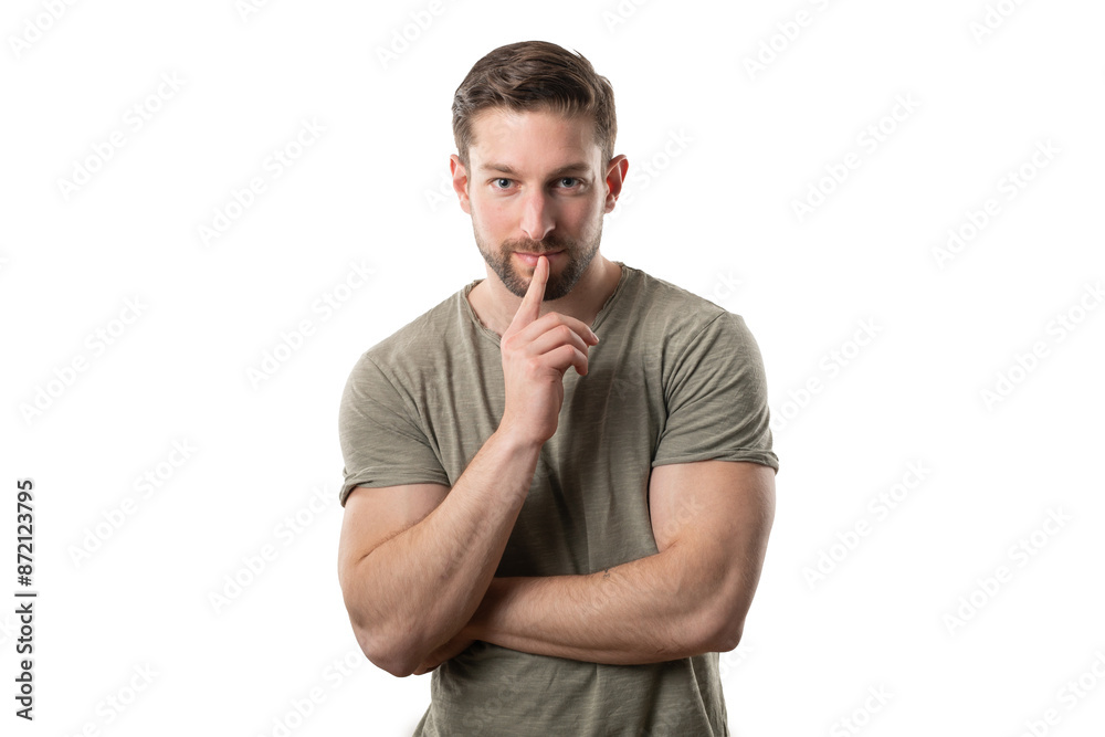 Man with finger to his lips is concentrated with the serious face expression and thoughtful mind while stand isolated on white background
