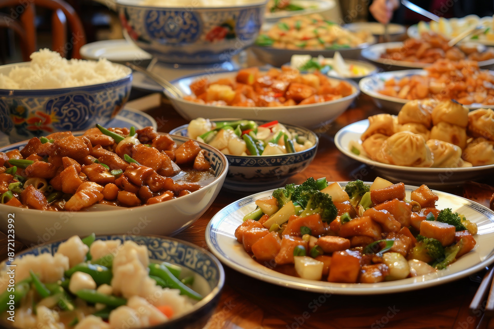 A table full of food with many different dishes, including some Asian food A table full of food with many different dishes, including some Asian food
