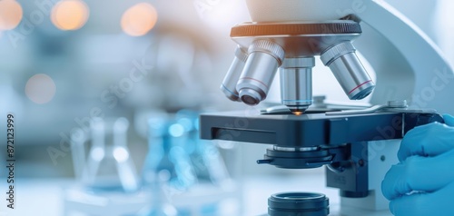 Close-up of a microscope in a laboratory setting.