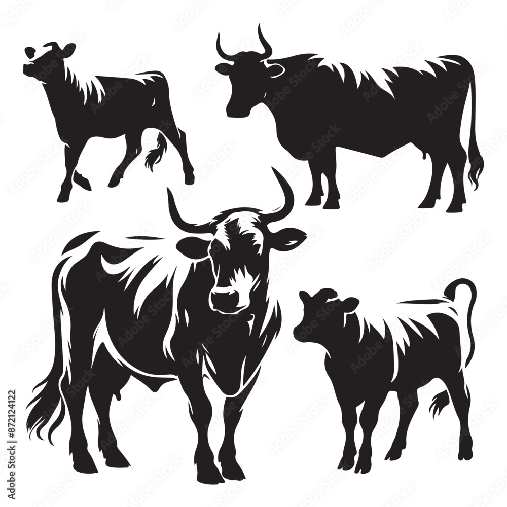 Fototapeta premium Set of cow silhouettes isolated on a white background, Vector illustration.