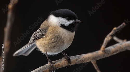 A Black-capped Chickadee, small and plump, perched on a twig with a pitch-black background. The simplicity of the scene emphasizes the birda??s charming appearance. photo