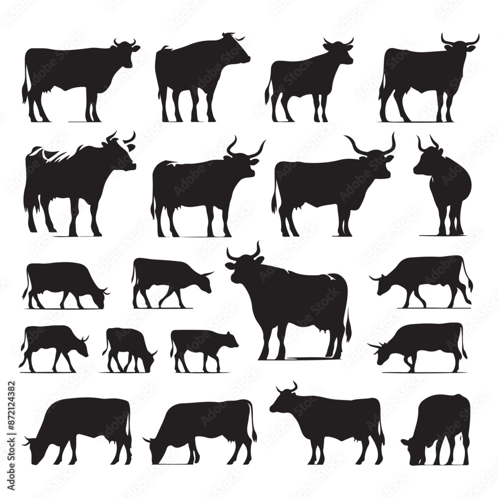 Set of cow silhouettes isolated on a white background, Vector illustration. Set of cow silhouettes isolated on a white background, Vector illustration.