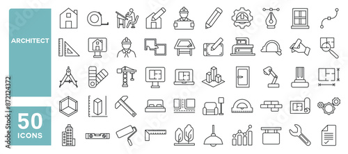 Wallpaper Mural Set of 50 line icons related to architect, architecture, project plan, working drawings, interior design, Editable stroke. Vector illustration Torontodigital.ca